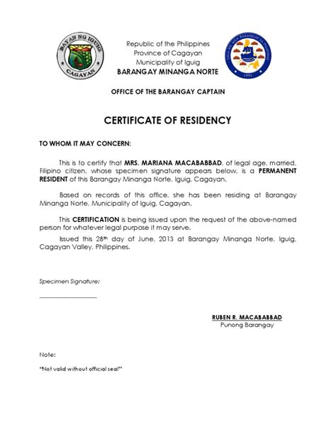 sample of barangay certificate of residency|Form No. 2 BARANGAY CERTIFICATION .